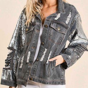 Distressed Denim Jacket With Sequin Sleeves